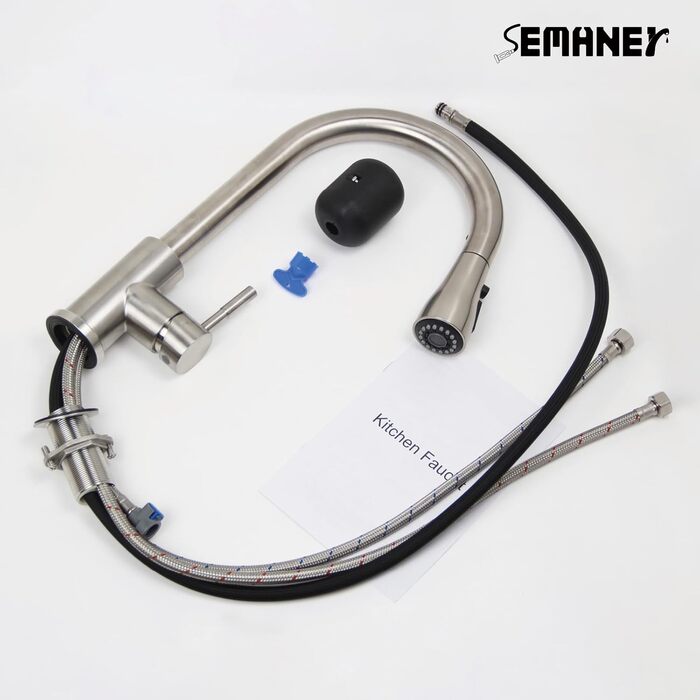 Чорний кухонний змішувач SEMANEY з витяжною лійкою, 3 функції, поворотний на 360°, з нержавіючої сталі (щіткова обробка)