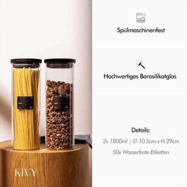 KIVY Storage Jars with Transparent Glass Lids [2x 1800ml] Airtight Noodle Jars with Lids - Cereal Storage Glass - Spaghetti Storage Glass - Large Jar for Spaghetti Glass