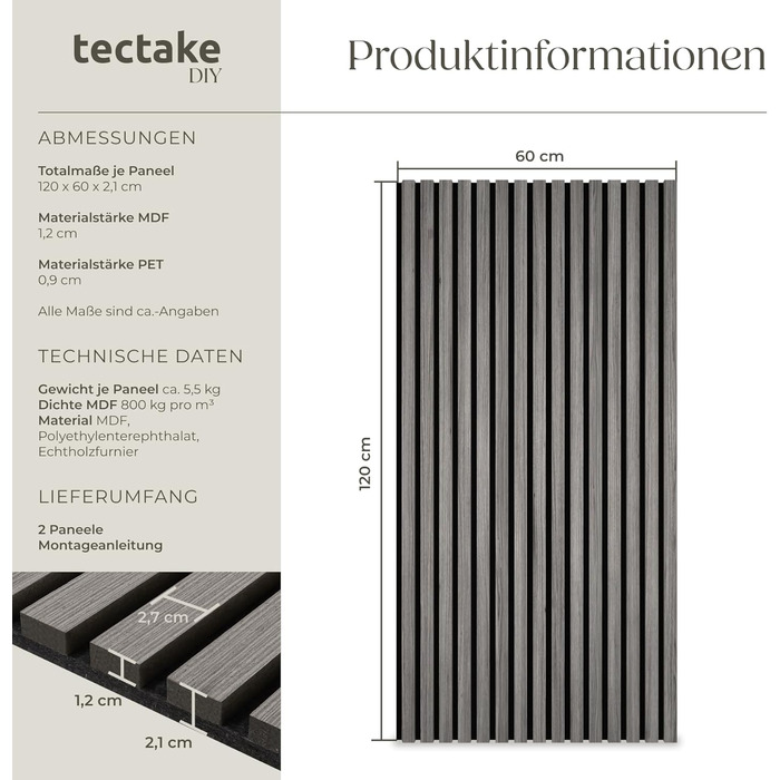 Акустичні 3D-панелі Tectake для стін 120 x 60 x 2,1 см, звукопоглинаючі панелі під дерево для вітальні та кухні, світло-сірий дуб (набір 2 шт.)