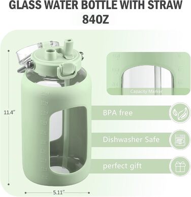 BLUEGO 2500ml Glass Drinking Bottle with Stainless Steel Handle, 2.5L Large Water Bottle with Time Markers and Silicone Sleeve, Half Gallon Water Jug, BPA-Free for Sports, Daily Use, Light Green
