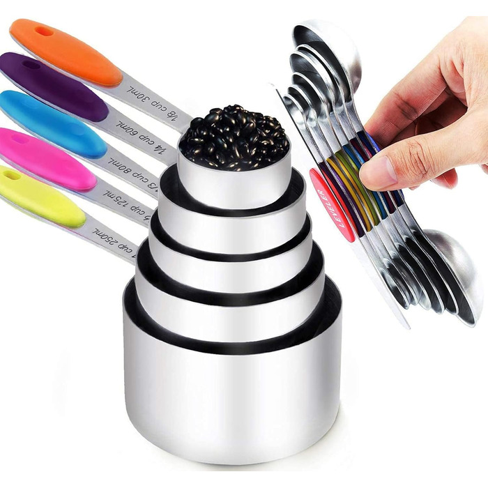 TILUCK Measuring Cups and Magnetic Measuring Spoons, Stainless Steel Measuring Cups, 6 Double-Sided Stainless Steel Measuring Spoons and 1 Leveler (5+7)