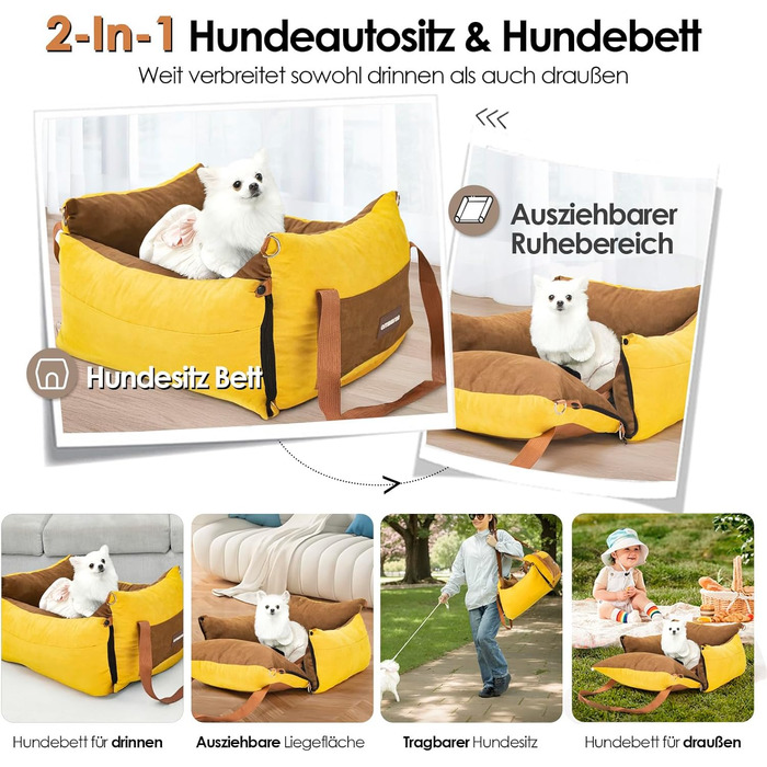 Portable Dog Car Seat for Small & Medium Dogs Under 15KG - Washable Travel Bed with Storage & Safety Belt (Green & Yellow)