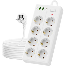 Мережевий фільтр AOUOO з вимикачем, 8 розеток, подовжувач 2м, 3 USB/3 Type-C (5V/3.1A), Макс. 250V / 16A, Захист від перенапруги 3840W/16A, Чорний
