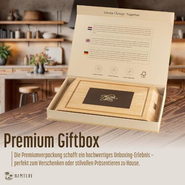 Дерев'яний обробний дошка Stirnholz 45x30 см з бамбука, преміум-якість, з жолобом для соку, з ручками, антиковзні ніжки, в подарунковій коробці