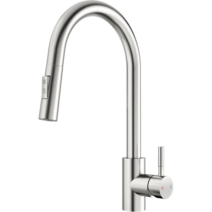 Кран кухонний Rainsworth з висувною лійкою та душем, 360° поворот, нержавіюча сталь, висота 56 см