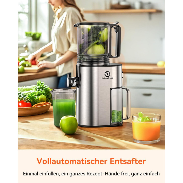 Соковитискач CelerySpec Slow Juicer - переможець тесту, для цілих овочів та фруктів, 130 мм, 1.8л, BPA-free, 250W, з функцією зворотного ходу, нержавіюча сталь, чорний