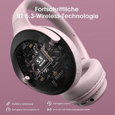 Бездротові навушники DOQAUS Bluetooth з тривалим часом роботи (70 год), Over-Ear, Bluetooth 5.4, Hi-Fi стерео, 3 режими EQ, для подорожей/телефону/ПК (Рожеві)
