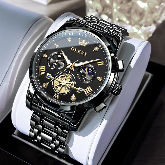 Годинник чоловічий OLEVS з металевим ремінцем, кварцовий, з місячною фазою, хронограф, водонепроникний, чорний (2856)