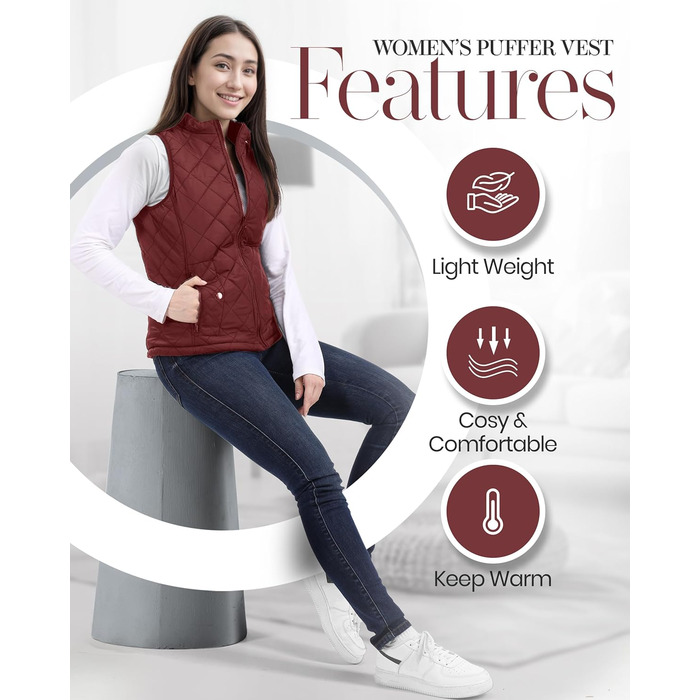 Жіноча пуховик NY Thread Pufferwete: легкий, з коміром, утеплений, на блискавці, чорний (L, Бордовий)