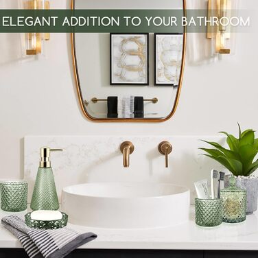 Набір аксесуарів для ванної кімнати зі скла, 5 предметів, зелений, вінтажний стиль. Включає: миловарку, 2 склянки, тримач для зубних щіток, миловарку та піднос для мила.