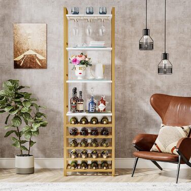 Tribesigns 20 Bottle Wine Baker's Rack, Freestanding Floor Wine Rack, 9 Tiers, Industrial Freestanding Wine Rack Wine Bar with Glass Holder Bottle Rack for Bar, Kitchen, Dining Room, (Gold, 2 PC)