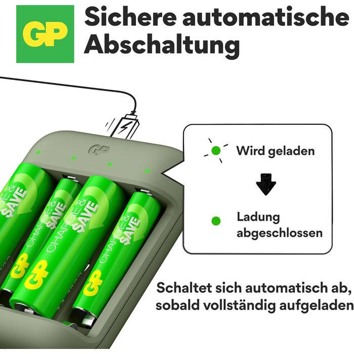 Зарядний пристрій GP Charge&Save для батарейок AA AAA з USB-C, 4 слоти, швидка зарядка, LED-індикатор, компактний дизайн