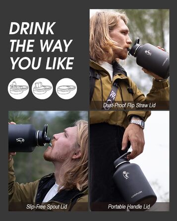 Coolflask 2L Stainless Steel Water Bottle with PU Leather Sleeve, Half Gallon Insulated Water Bottles with Straw Lid, Stainless Steel Metal Large Water Jug, Keeps Cold for 48h Hot for 24h, Polar Black