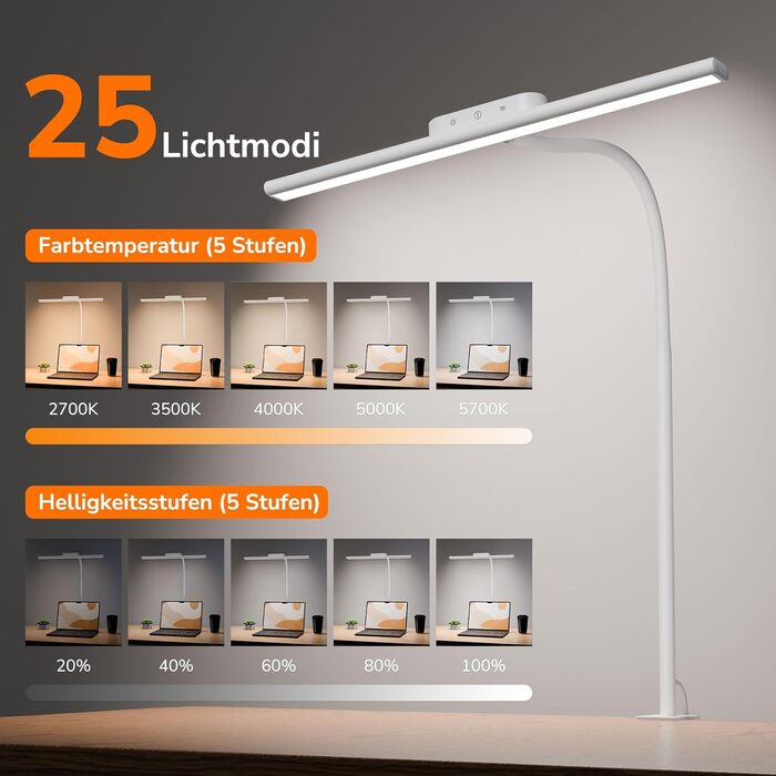 LED настільна лампа Lepro 11W з кліпсою, диммер, 5 режимів кольору та яскравості, гнучкий регульований штатив для дому, офісу, білого кольору