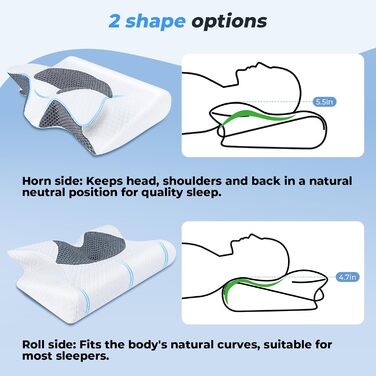 Подушка для шиї Saheyer з Memory Foam, 2-в-1: підтримка шиї, подушка для голови, для сну на боці, на животі та на спині, знімний та дихаючий чохол, 59 * 43 * 12/15 см, сіро-білий