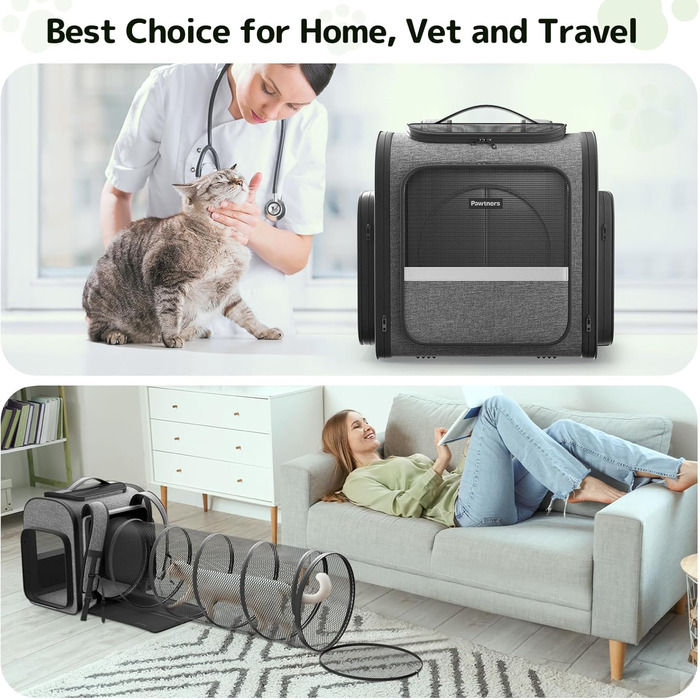 Рюкзак-переноска для котів Pawtners з розширеним тунелем для ігор, дозволений авіакомпаніями, для маленьких собак та великих котів до 11,3 кг, сірий, розмір L 40 x 32 x 38 см