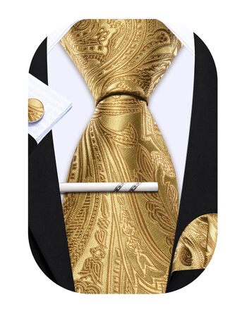 Набір краваток Barry.Wang: шовкові краватки з квітковим візерунком Paisley, нагрудна хустинка, запонки та затискач для краватки. Ідеально для урочистих подій, весілля та свят. Золотий колір.