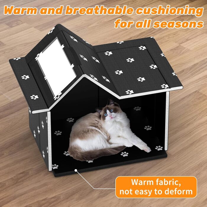 Кіт Будинок для Зовні Зимостійкий, Будинок для Вуличних Кішок з Знімними Подушками, Захист від Холоду для Тварин з Завісою на Дверях, Легко Збирається, Зелений (Чорний, 33 x 38 x 43 см)