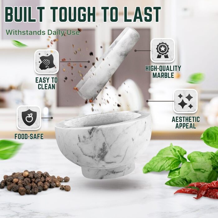 Мраморний ступка з толуштою Flexzion, 12 см, для спецій та приготування їжі, білий колір