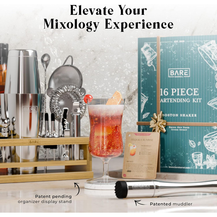 Набір для бармена BARE BARREL® Mixology: 16 предметів | Шейкер, інструменти для змішування коктейлів | Набір для дому | 35 рецептів | Подарунок