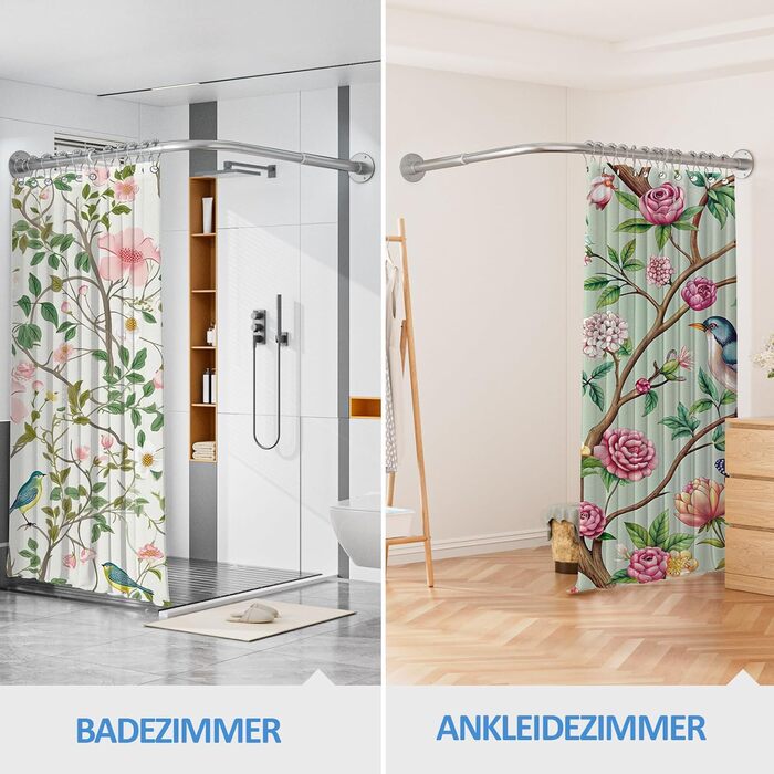 Регульована штанга для душу L-подібної форми, 60-134 см, з кріпленням для штори та підставкою для стелі, для ванни/ванної кімнати, срібна