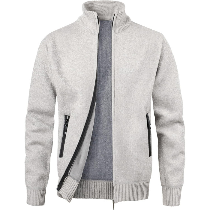 Чоловіча в'язана кофта з коміром-стійкою, на блискавці, з м'яким плюшевим підкладкою. Зручна чоловіча куртка-кардиган з тонкого в'язання для осені та зими (Бежевий, M)