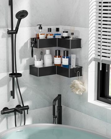 Поличка для душу Kitsure L-подібної форми без свердління - 2 шт. Міцна поличка для кута без свердління з 4 гачками та клейкими смугами, нержавіюча сталь для ванної, кухні та пральні, 24,4 x 11,9 x 6,2 см, Чорний