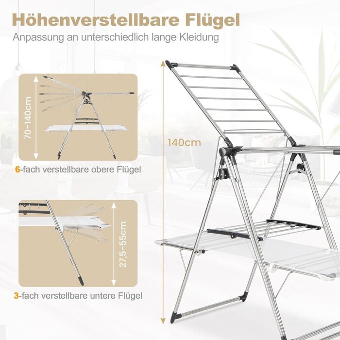 Сушарка для білизни COSTWAY розкладна, з висувними секціями, регульована по висоті з крилами та полицею для взуття, сушильний стійка-вежа для дому та вулиці (оновлена версія) з сітчастою тканиною