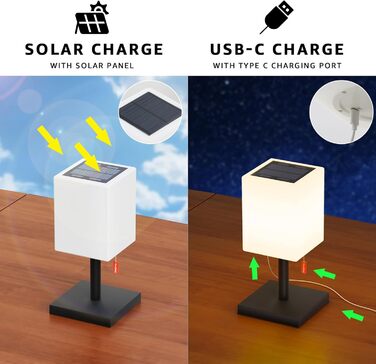 Світлодіодний солярний настільний світильник для вулиці 2-в-1, чорний - бездротовий, з сонячною зарядкою, 8 кольорів, для саду, кемпінгу та столу