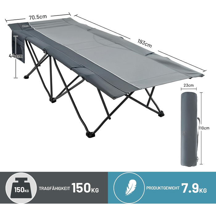 Розкладне ліжко для кемпінгу TIMBER RIDGE XXL, посилене, до 150 кг, сіре
