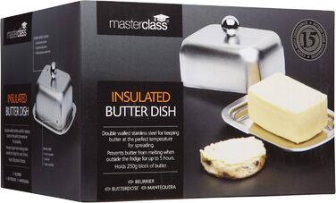 MasterClass Double-Walled Insulated Master Class Butter Dish with Lid, Stainless Steel, Silver, 16 x 12.2 x 9 cm