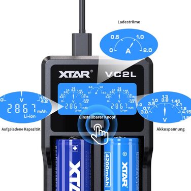Зарядний пристрій XTAR VC2L для акумуляторів 18650/21700 з LCD дисплеєм та USB Type-C, 2 слоти, для Li-ion 3.6V/3.7V та Ni-MH/Ni-Cd AA/AAA