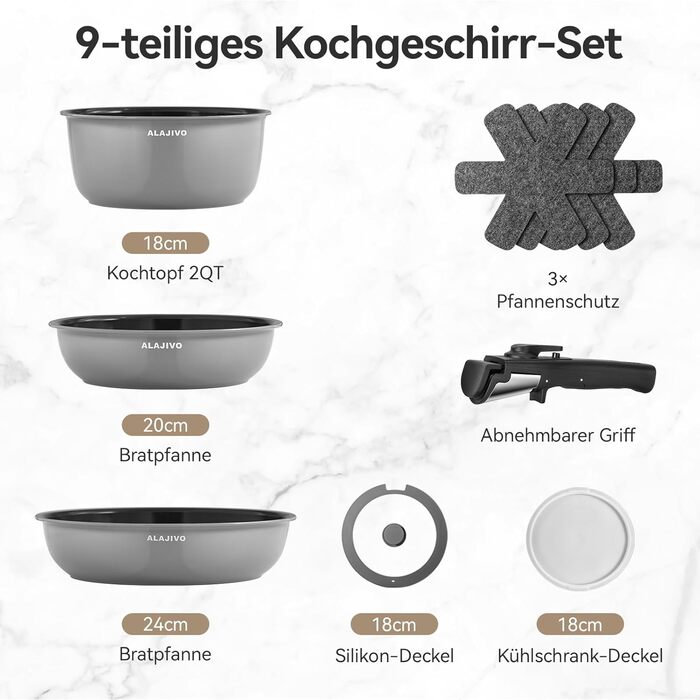 Набір посуду 9-ти частинний з знімним ручками, антипригарне покриття, керамічна сковорода, набір каструль з кришками, для всіх типів плит, безпечний у духовці (сірий)