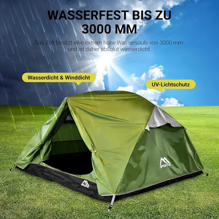 Намет MSPORTS Campingzelt Professional для 3 осіб, оливковий, водонепроникний, вітрозахисний, купольний (237x134 см)