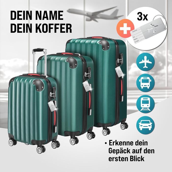Набір валіз Monzana® 3шт. Зелений - M-L-XL з замком, органайзером та вагами - з гелевими ручками, подвійними колесами, підставкою, валіза-тележка, валіза з жорстким корпусом, багажний набір