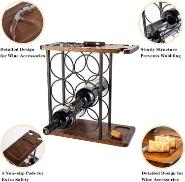 Wine rack for 6 bottles, wine bottle holder, 3 tiers, with 2 wine glasses.