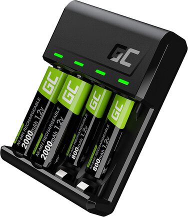 Зарядний пристрій Green Cell VitalCharger з 4 каналами + 4 x AA 2000mAh Ni-MH акумулятори (AA, AAA, R6, R03) з Micro USB та USB-C