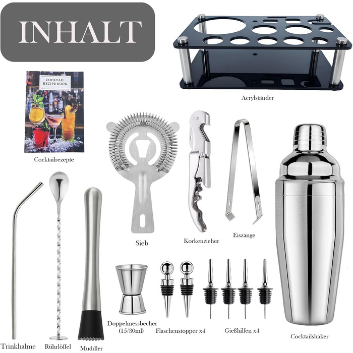 Набір для коктейлів 6 предметів з нержавіючої сталі, 750 мл, з аксесуарами та рецептами для дому, бару, вечірок (15 шт)