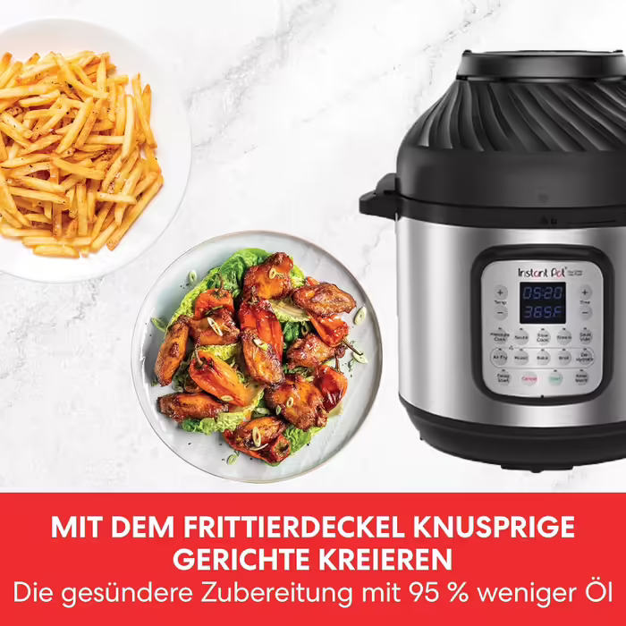 Мультиварка Instant Pot Duo Crisp 5.7 л 11-в-1 з аерофритюрницею, скороваркою, пароваркою, дегідратором, грилем, функцією випікання, збереження тепла, з нержавіючої сталі, електрична, срібляста