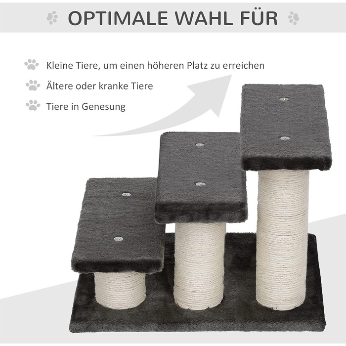 PawHut Pet Stairs 3-Step Cat Stairs Dog Stairs Stairs for Cats and Dogs Plush Dark Grey 45 x 35 x 34 cm