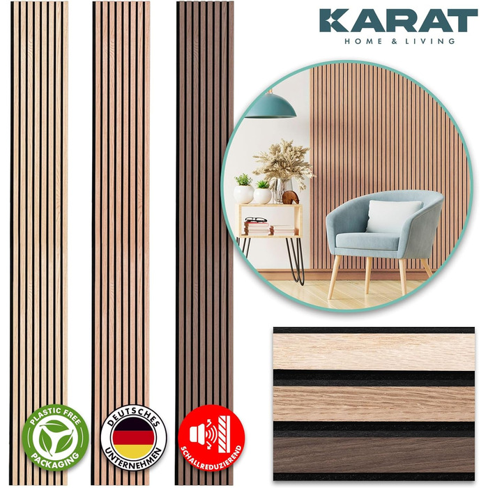 Акустичні настінні панелі KARAT з натурального шпона дуба (Red Oak), ламелі з дерева та фетру для шумоізоляції та звукопоглинання, 275 x 27 см