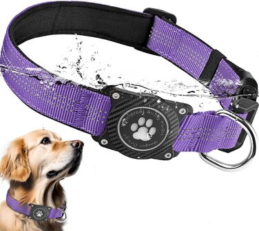 Світловідбиваючий нашийник для Apple AirTag для собак, регульований, водонепроникний, для малих, середніх та великих собак, L (32-43.5 см), фіолетовий