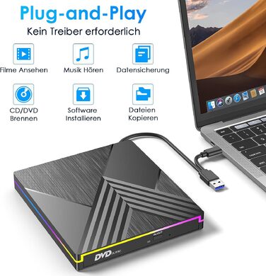 Зовнішній DVD-привід з RGB-підсвіткою, USB 3.0 та Type-C, CD/DVD+/-RW записувач та плеєр для PC, Laptop, MacBook (Windows, macOS, Linux)