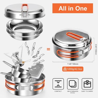Набір посуду для кемпінгу Odoland: каструля, сковорода, тарілки, миски, столові прибори (15 предметів) з нержавіючої сталі з антипригарним покриттям. Ідеально для кемпінгу, пікніків, трекінгу та подорожей на 2 особи