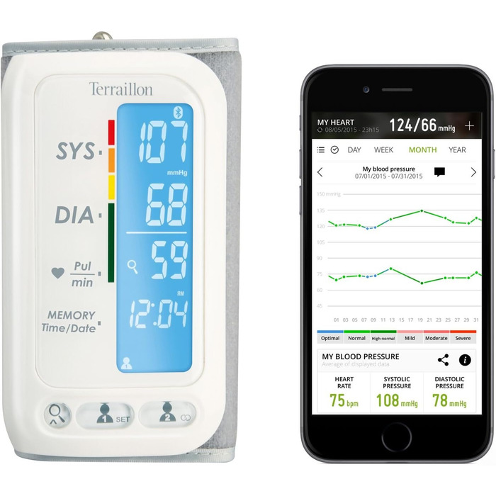 Тонометр Terraillon TensioSmart Bluetooth: вимірювання тиску та пульсу, 2 користувачі, 60 місця пам'яті, білий