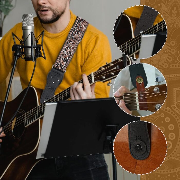 Гітарний ремінь Jacquard з вишитою бавовною та шкіряними кінцями для акустичної гітари (Gs-08-4 Brown Embroidery)