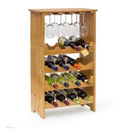 Relaxdays Bamboo Wine Rack for 16 Bottles and 12 Glasses