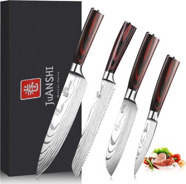 JUANSHI® 4-Piece Knife Set – Professional Kitchen Knife Set made of high-quality stainless steel, sharp blades, including Santoku, Chef's Knife, Bread Knife, and Utility Knife, perfect kitchen accessory