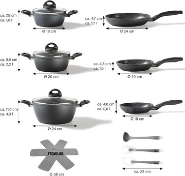 STONELINE Ceramic Cookware Set, 14-Piece, 18/20/24 cm Pots and Pans, PFAS-Free, Cookware Set with Lids, Ceramic Coating with Real Stone Particles, Grey, 14-Piece