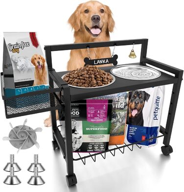Підвищені годівниці для собак Angeloyang з колесами, з нержавіючої сталі, регульовані, 8 рівнів висоти, 16-36 см, для середніх та великих собак, з повільним дозатором корму та мисками з нержавіючої сталі, з можливістю зберігання та колесами